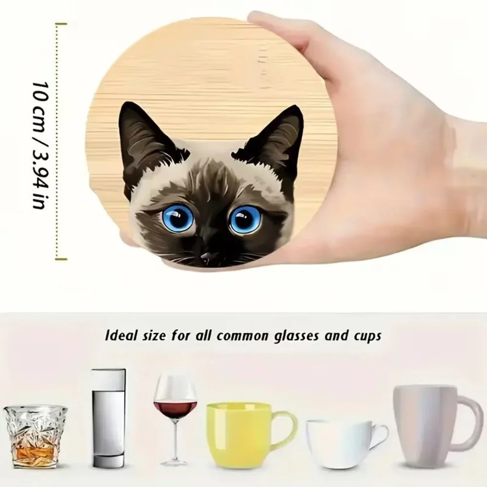 (6 Pc) Cute Cat Heads Wooden‎ Coaster Set (NEW & SO CUTE!)